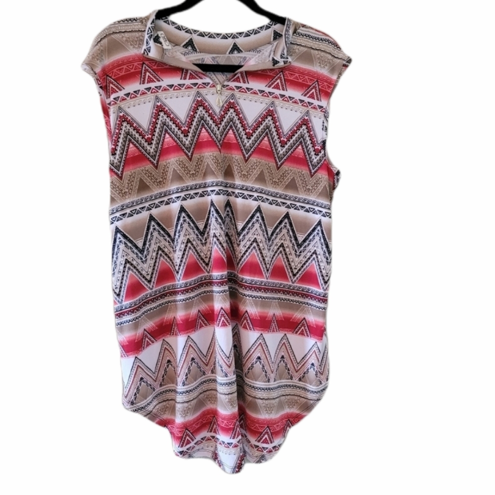 Cato red, tan, black, and white sleeveless blouse.